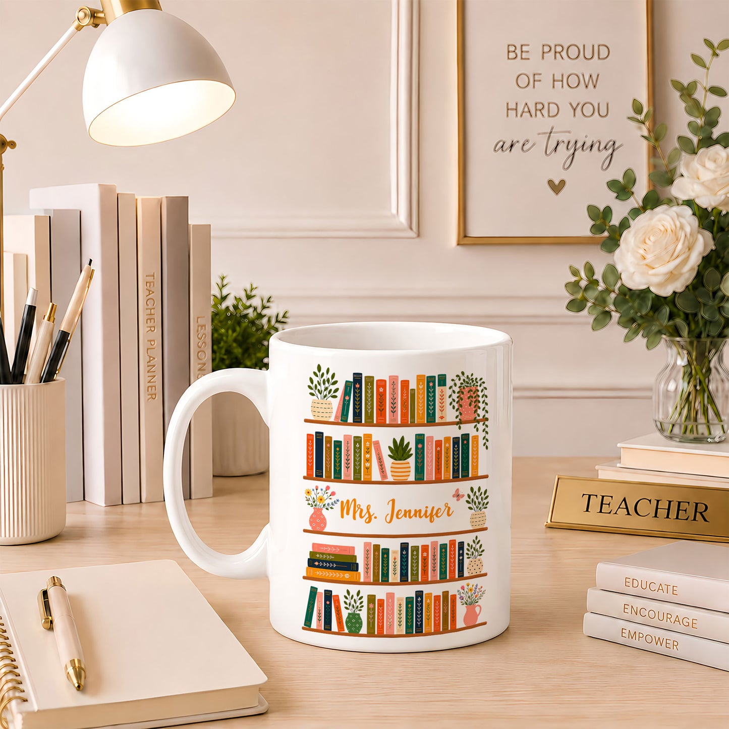 Vintage Floral Bookshelf Mug - Personalized Teacher Mug - Back To School Teacher Gift