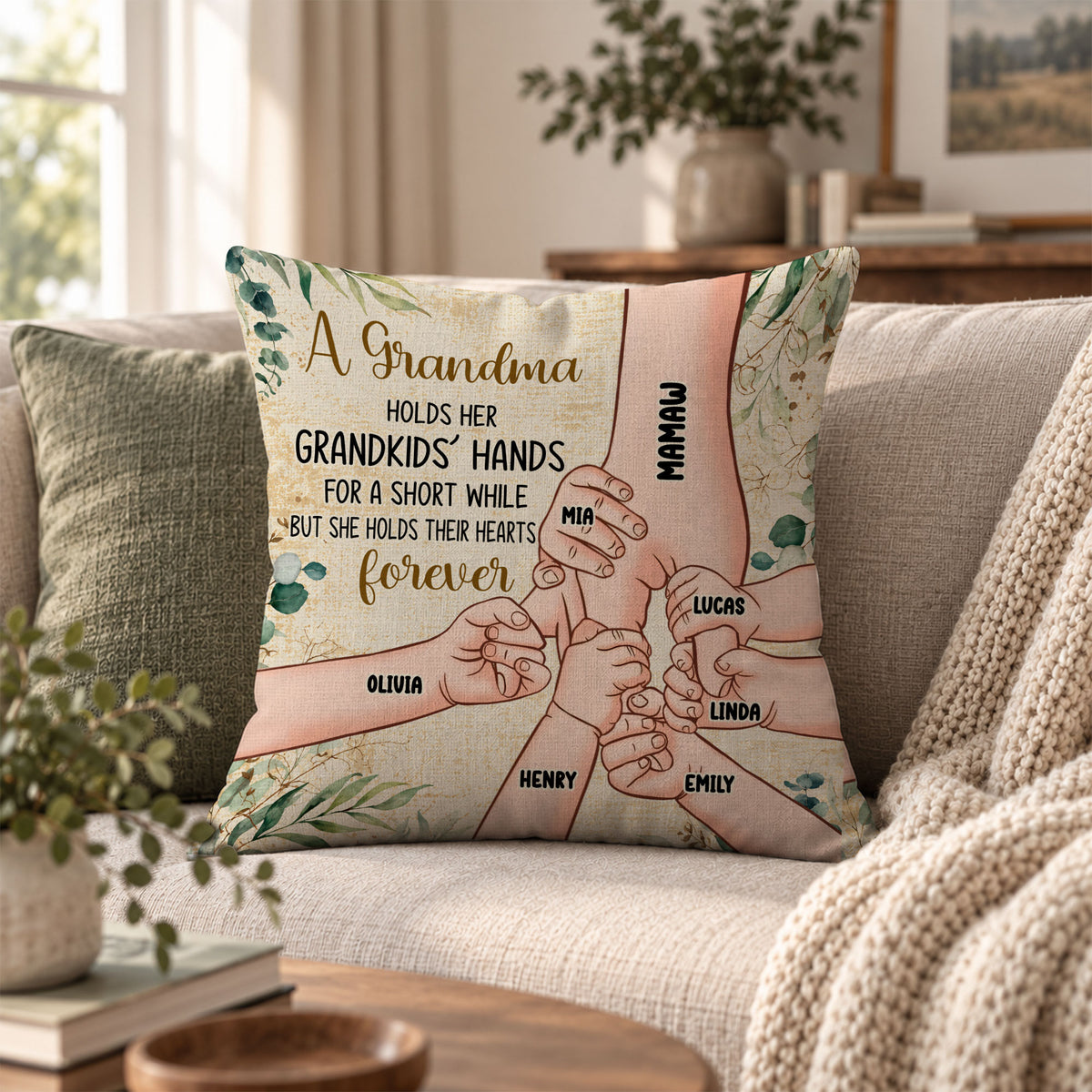 Personalized Grandma Pillow - Grandma Holds Grandkids' Hearts Forever - Custom Family Gift