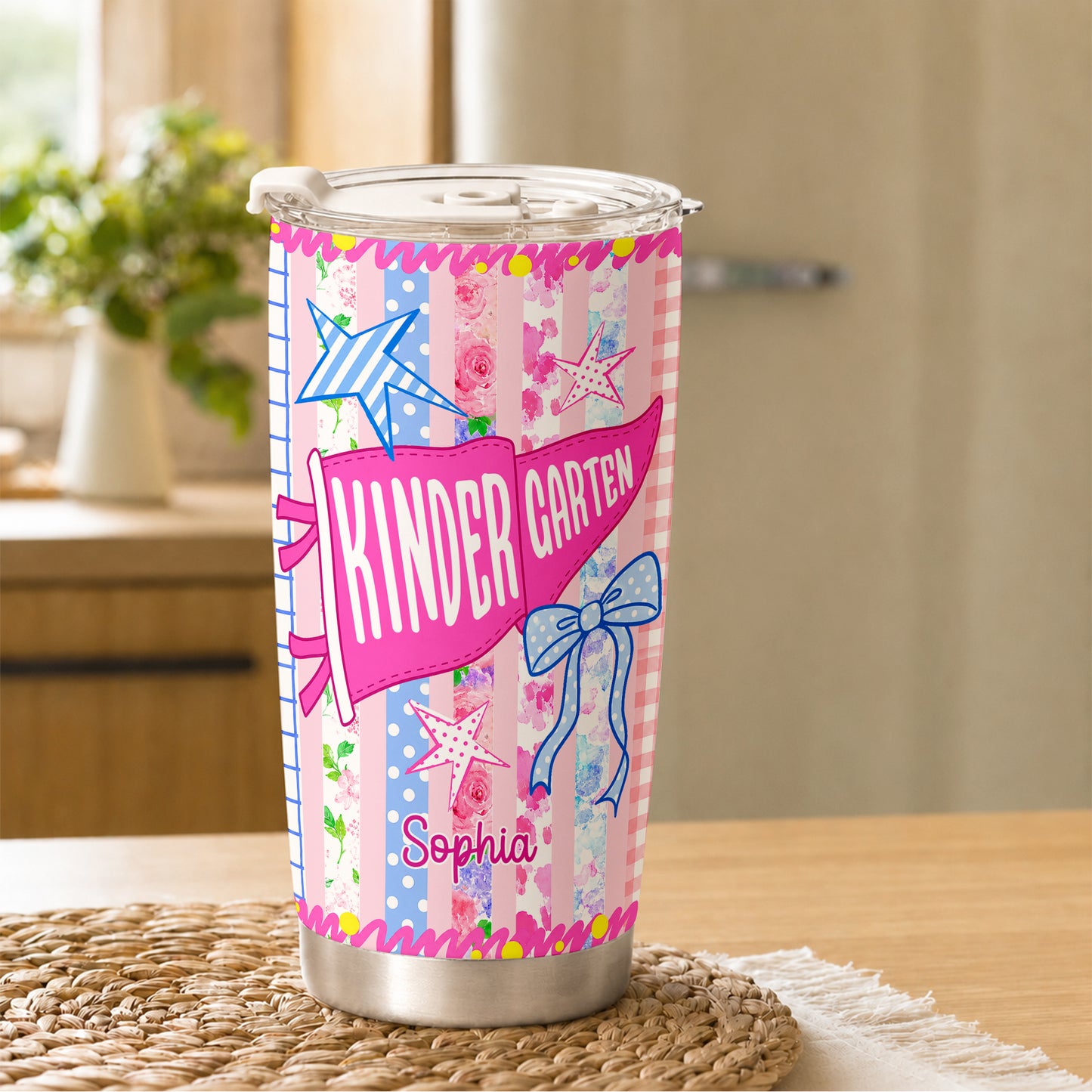 Personalized Back to School Tumbler - Custom Name & Class for Teachers and Students, Pastel Bow 20oz Travel