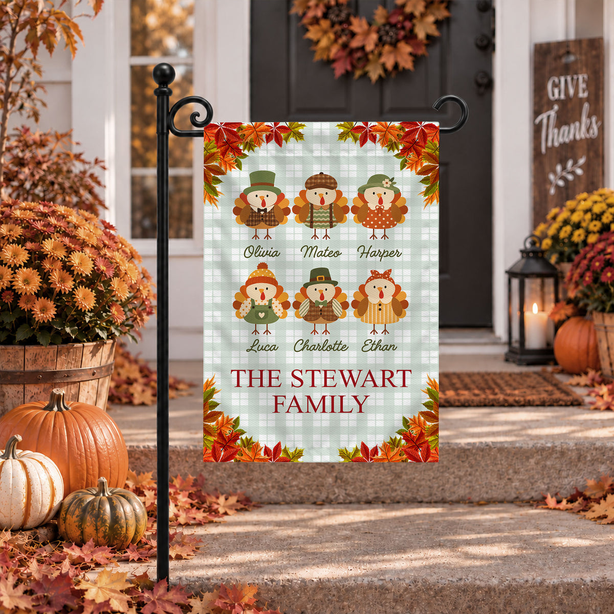 Personalized Thanksgiving Garden Flag - Custom Family Name Turkey Flag - Thanksgiving Outdoor Decor