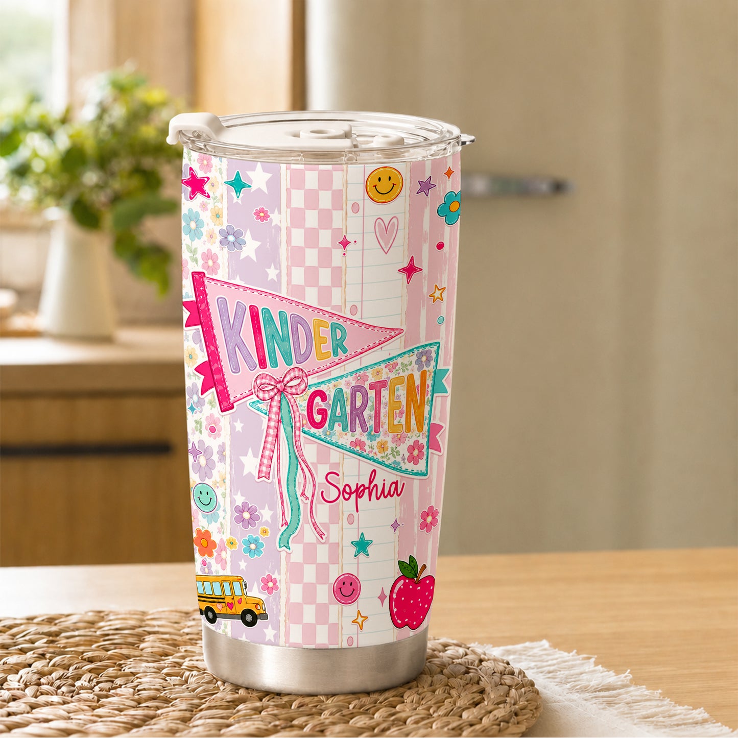 Personalized Back to School Tumbler - Custom Name & Class for Teachers and Students, Pastel Bow 20oz Travel Cup