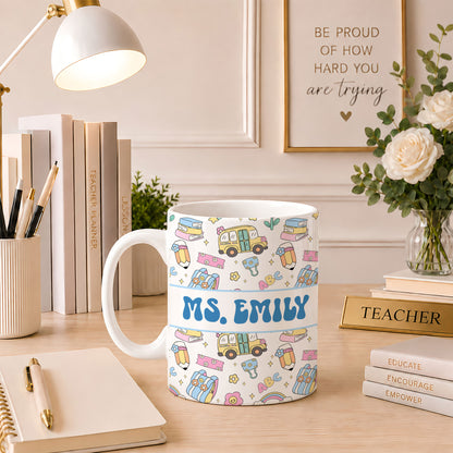Colorful Groovy Pattern Teacher Mug - Custom Teacher Name & Grade Coffee Cup - Back To School Gift for Teachers