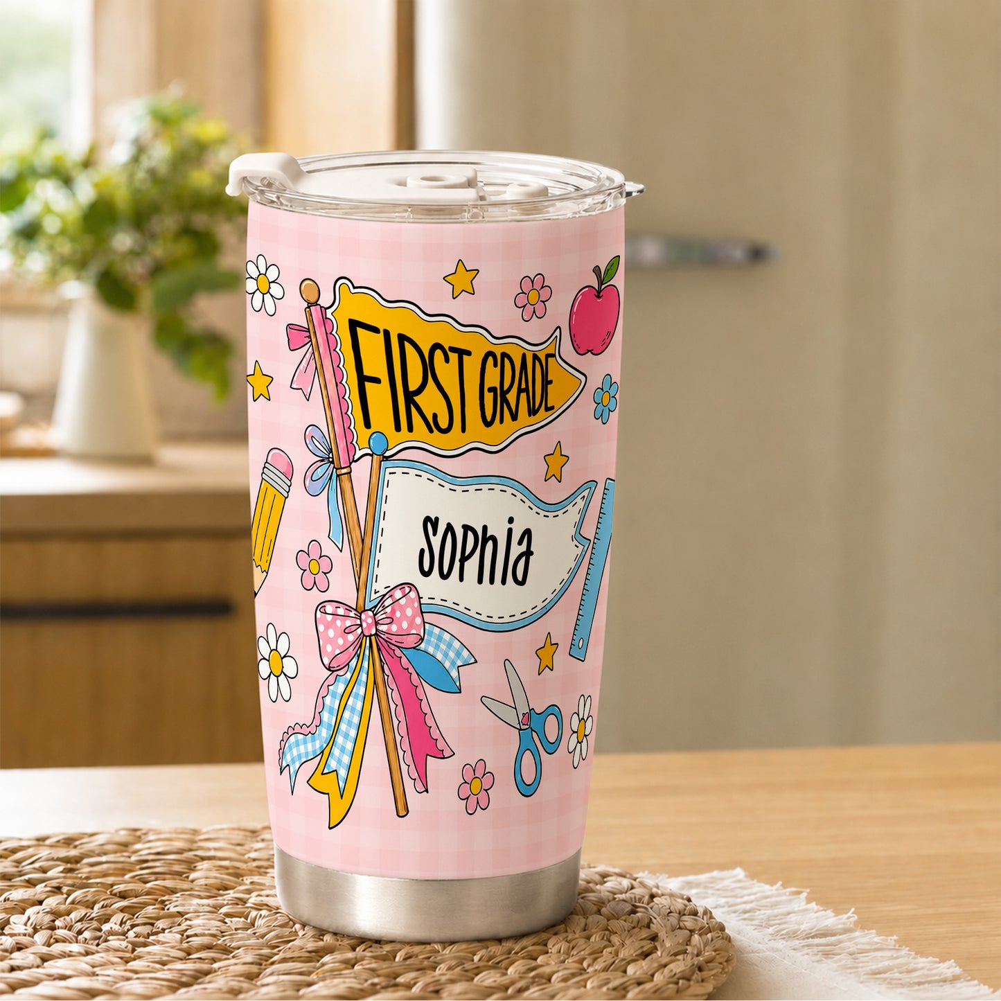 Personalized Back to School Tumbler - Custom Name & Class for Teachers and Students, Pastel Bow 20oz Travel Cup
