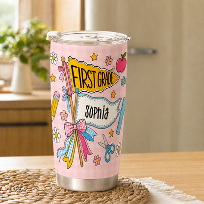 Personalized Back to School Tumbler - Custom Name & Class for Teachers and Students, Pastel Bow 20oz Travel Cup