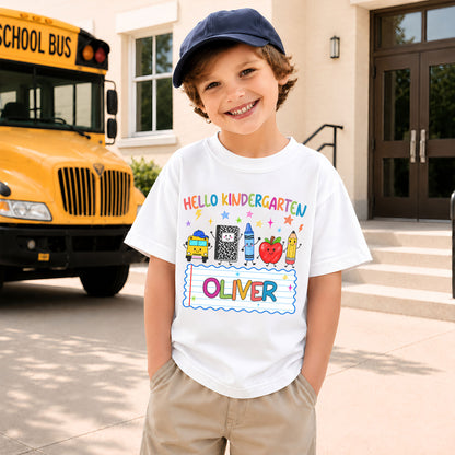 Colorful Hello School Shirt - Custom Grade & Name Kids T-Shirt - Back To School Gift for Boys & Girls