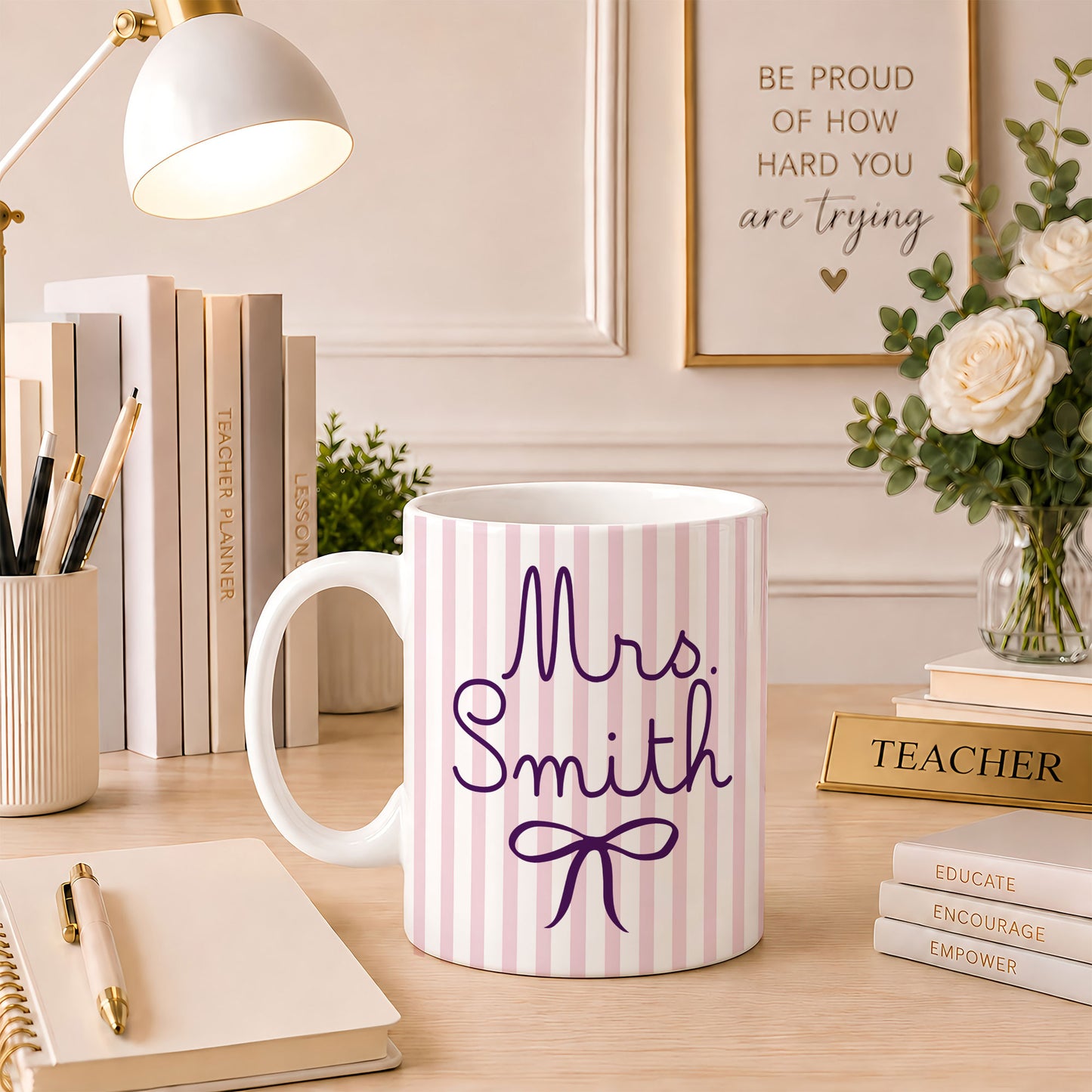 Back To School - Personalized Teacher Mug - ItTakes a Big Heart To Teach Little Minds - Custom Name Striped Coquette Mug,Teacher Appreciation Gift