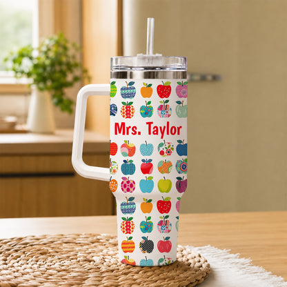 Apple Teacher Tumbler with Handle – Custom Teacher Name & Grade To Go Cup - Back To School Gift for Teachers
