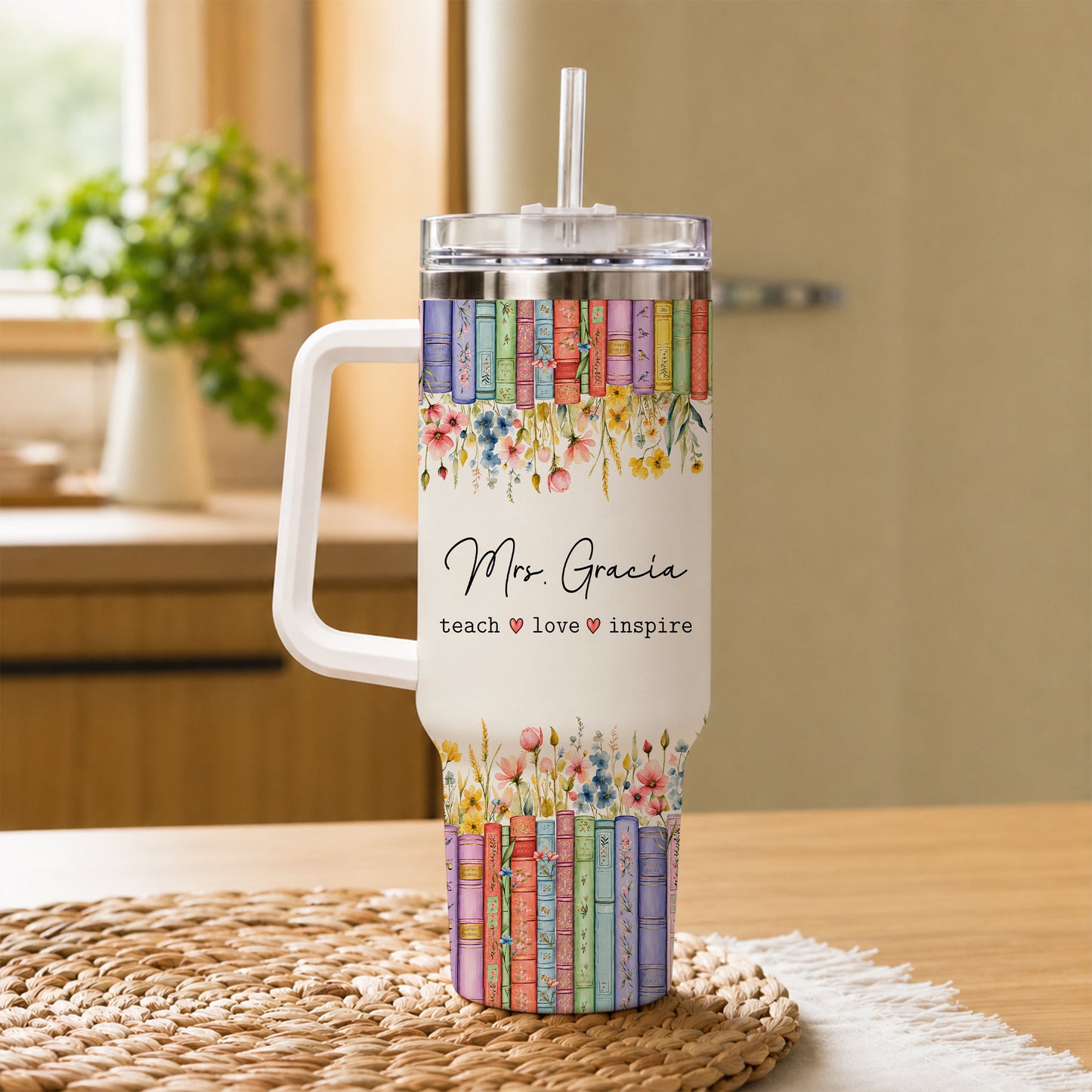 Personalized Teacher Tumbler - Vintage Floral Book Stack Tumbler - Custom Teacher Name Tumbler, Teacher Appreciation Gift