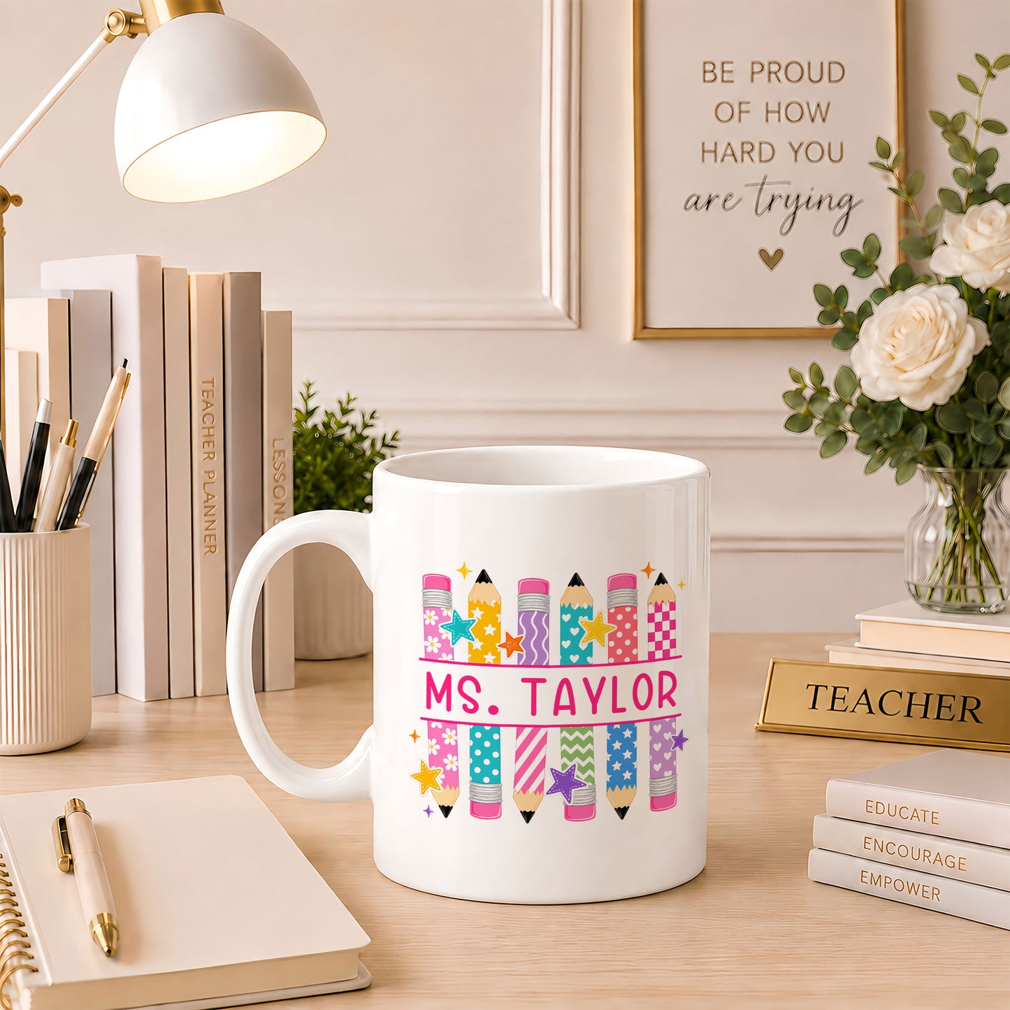 Colorful Teacher Crossword Mug - Personalized Teacher Name Ceramic Coffee Cup - Motivational Gift for Teachers