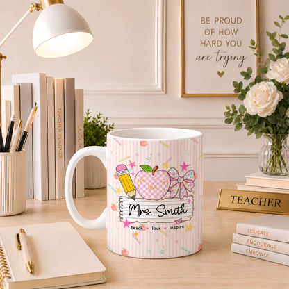 Personalized Teach Love Inspire Teacher Mug with Custom Name, Teacher Appreciation Coffee Mug, Thank You Teacher Gift, Back to School Gift