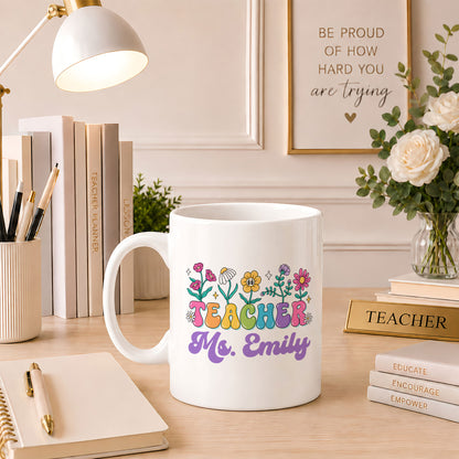 Colorful Groovy Teacher Mug - Helping Little Minds Grow - Personalized Teacher Coffee Cup - Back To School Teacher Gift
