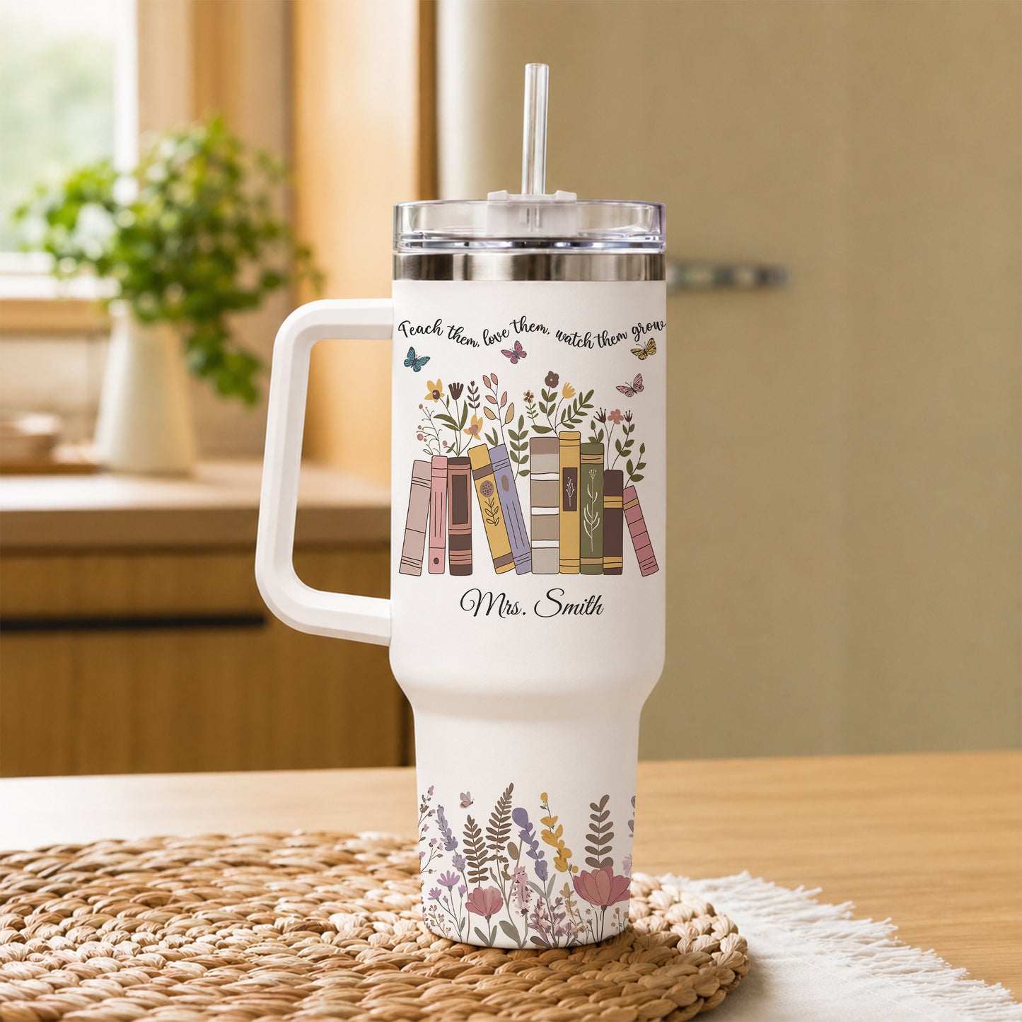 Personalized 40oz Teacher Tumbler with Handle & Straw – Custom Floral Teacher Gift for Back to School, First Day of School & Teacher Appreciation
