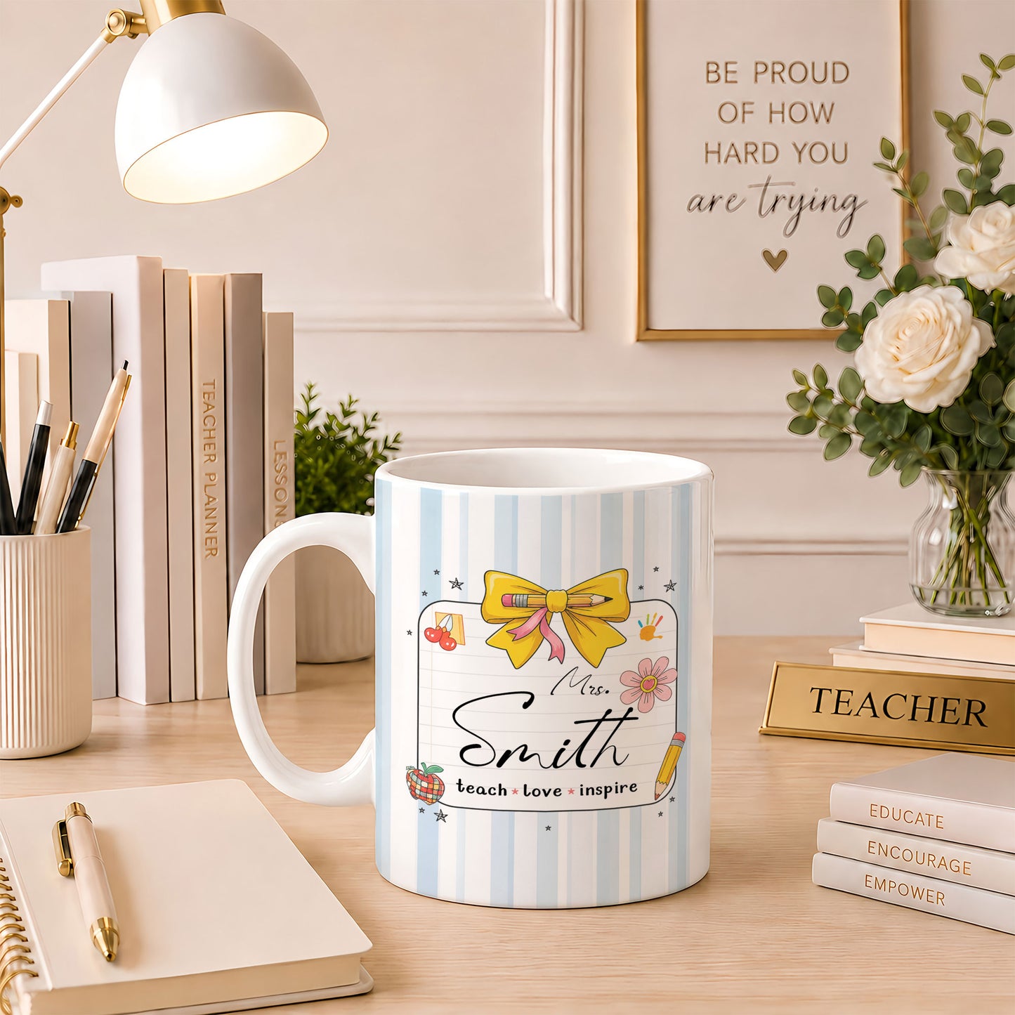 Personalized Teach Love Inspire Teacher Mug with Custom Name, Teacher Appreciation Coffee Mug, Thank You Teacher Gift, Back to School Gift