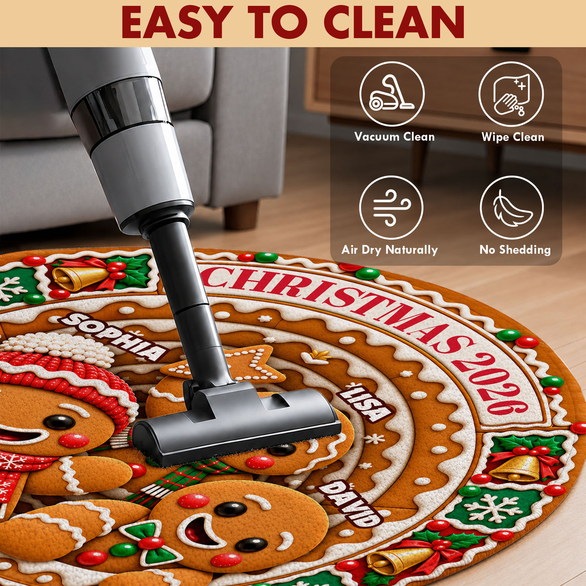 Personalized Christmas Round Rug - Custom Family Name Gingerbread 3D Effect Rug - Christmas Gift for Family