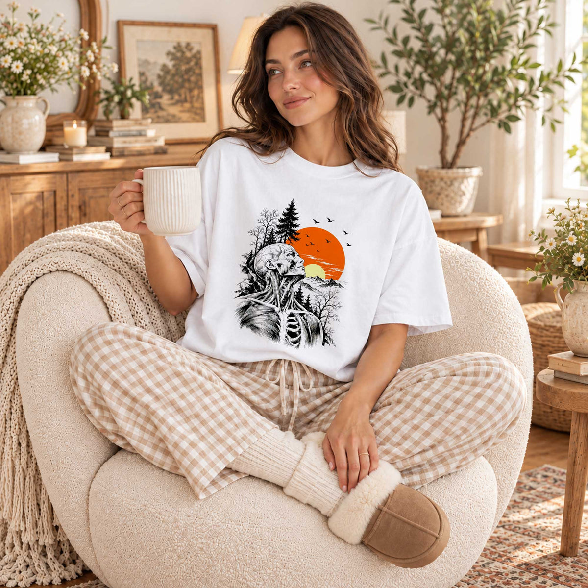 Anatomical Skeleton Sunset Shirt, Vintage Mountain Nature T-Shirt, Gothic Art Gift for Men Women
