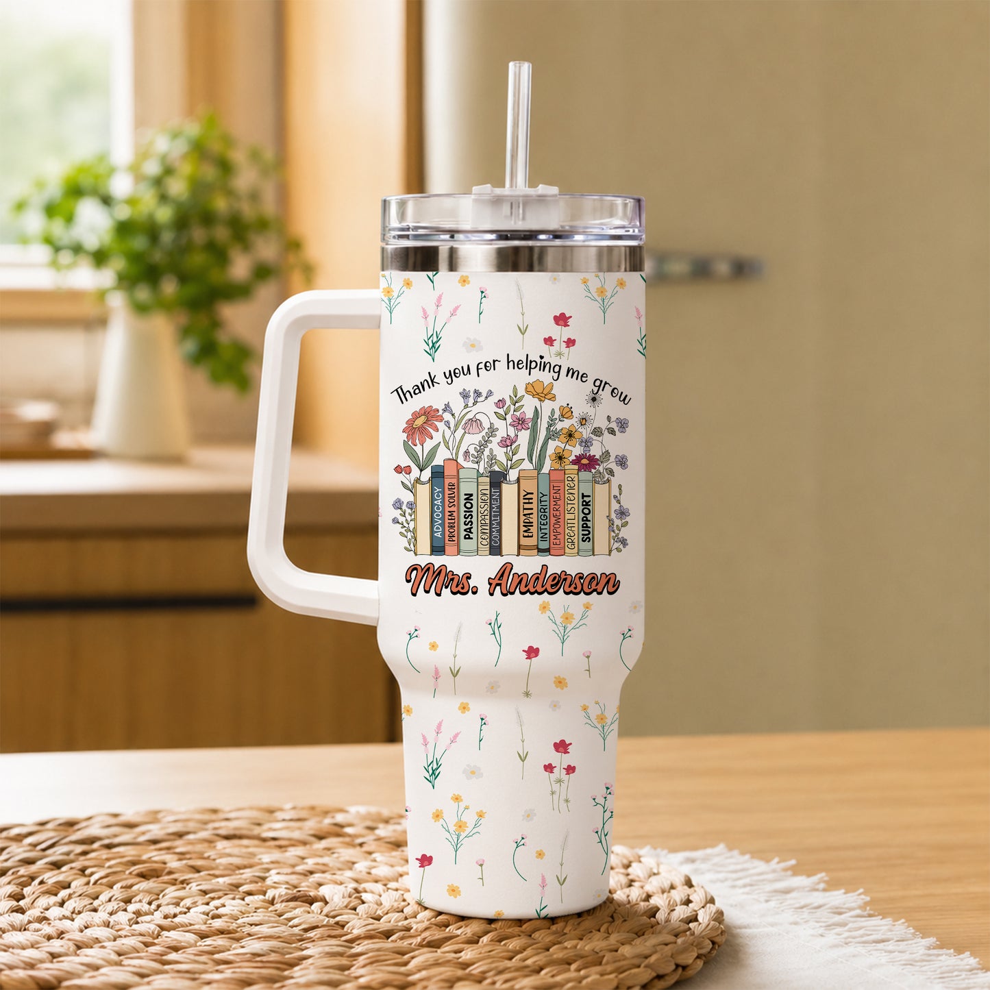 Vintage Floral Book Teacher Tumbler With Handle - Thank You Teacher To Go Cup - Personalized Back To School Gift for Teacher
