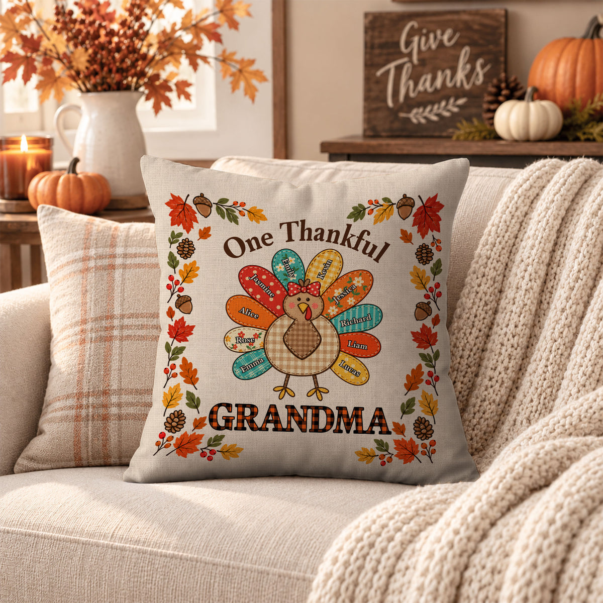 Personalized Thanksgiving Pillow - One Thankful Grandma - Custom Grandma Turkey Throw Pillow -  Thanksgiving Family Gift