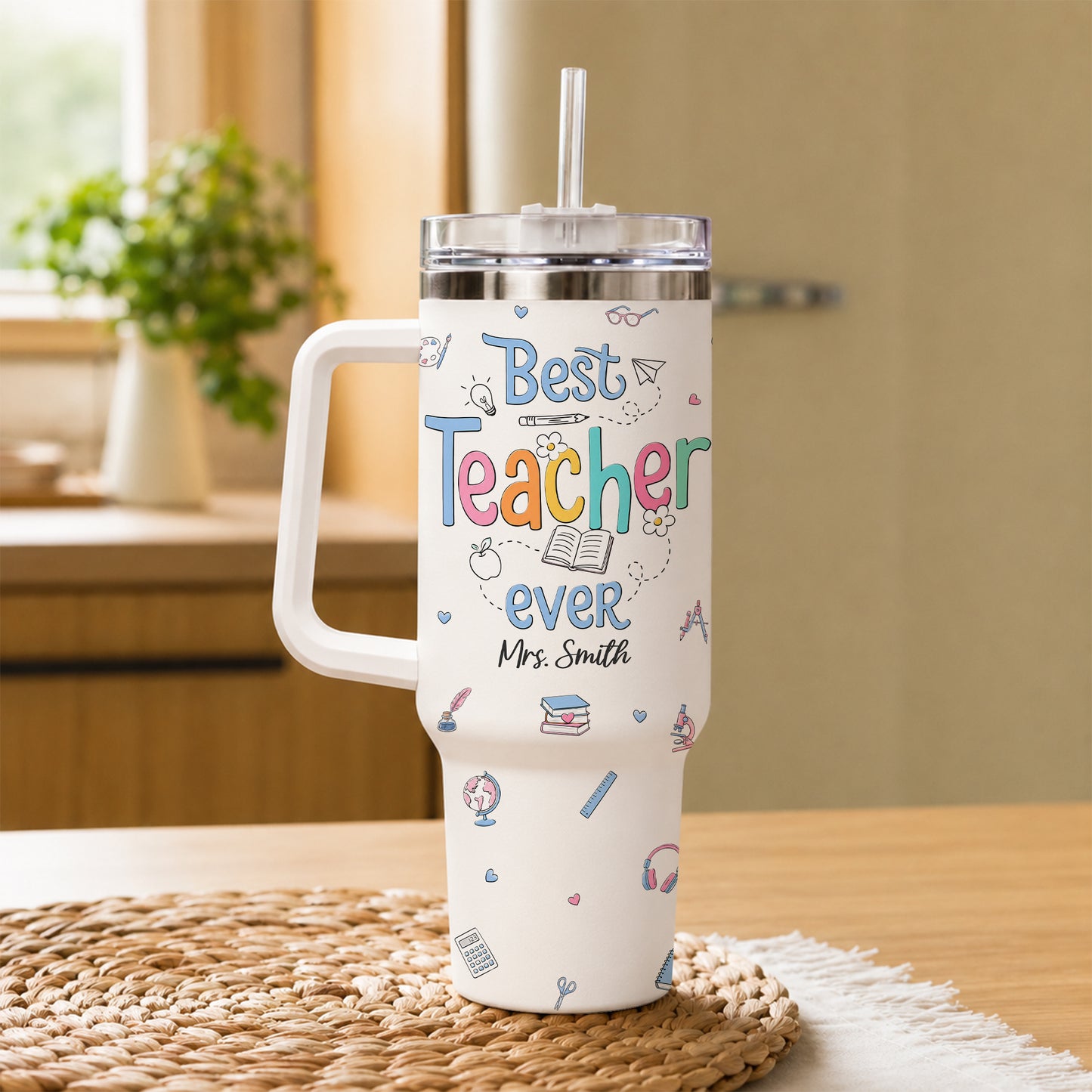 Personalized 40oz Teacher Tumbler with Handle & Straw – Custom Name Insulated Travel Mug for Back to School, Teacher Appreciation & First Day of School Gift