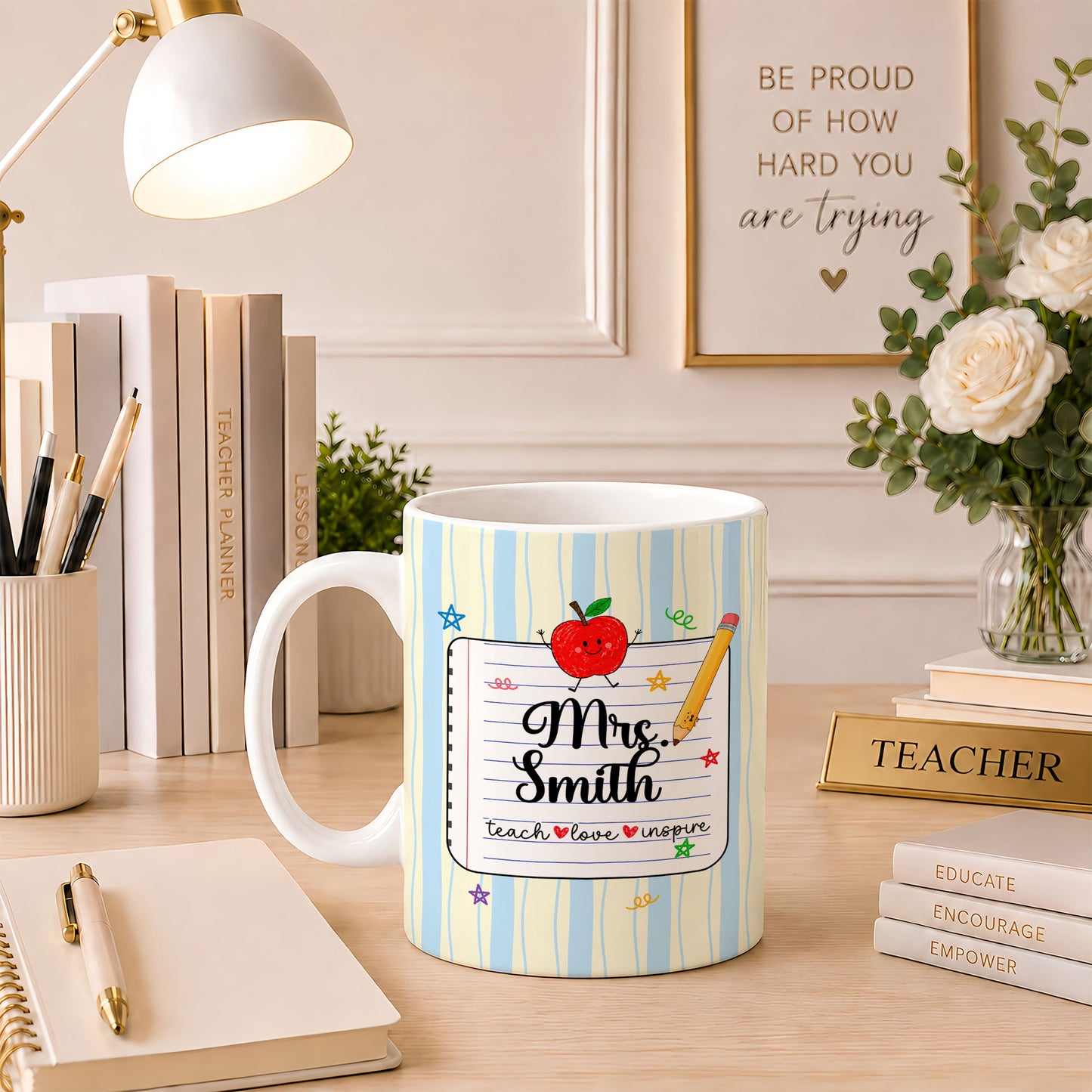 Personalized Teach Love Inspire Teacher Mug with Custom Name, Teacher Appreciation Coffee Mug, Thank You Teacher Gift, Back to School Gift