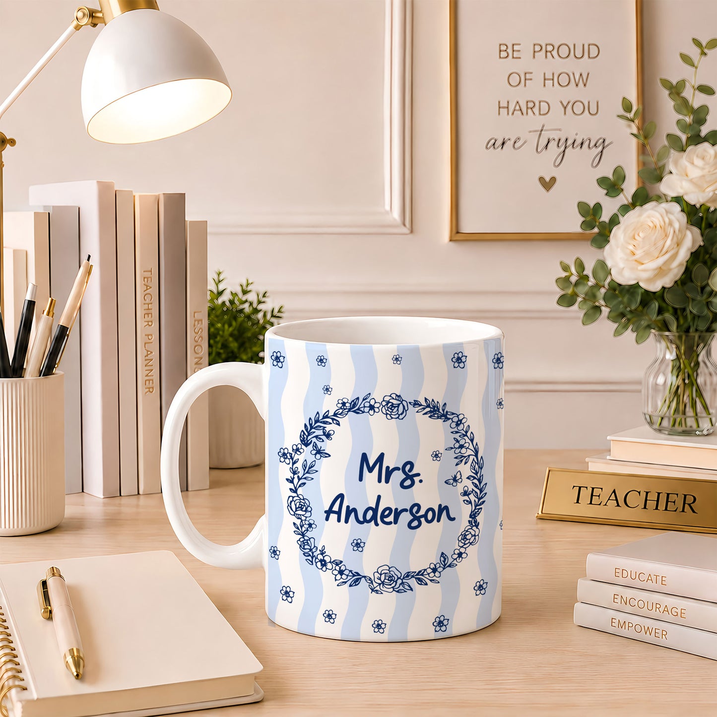 Blue Floral Teacher Mug - Thank You for Helping Me Grow - Custom Teacher Name Coffee Cup - Appreciation Gift for Teachers