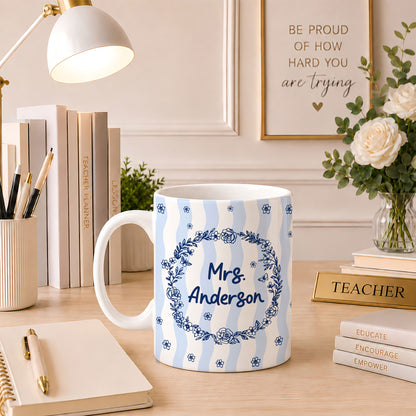 Blue Floral Teacher Mug - Thank You for Helping Me Grow - Custom Teacher Name Coffee Cup - Appreciation Gift for Teachers