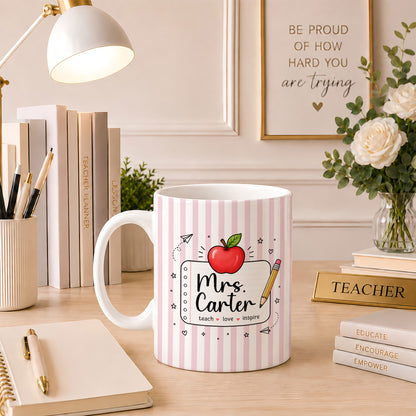 Back To School - Personalized Teacher Mug - Teacher Nutrition Facts - Custom Name Striped Mug, Gift for Teachers