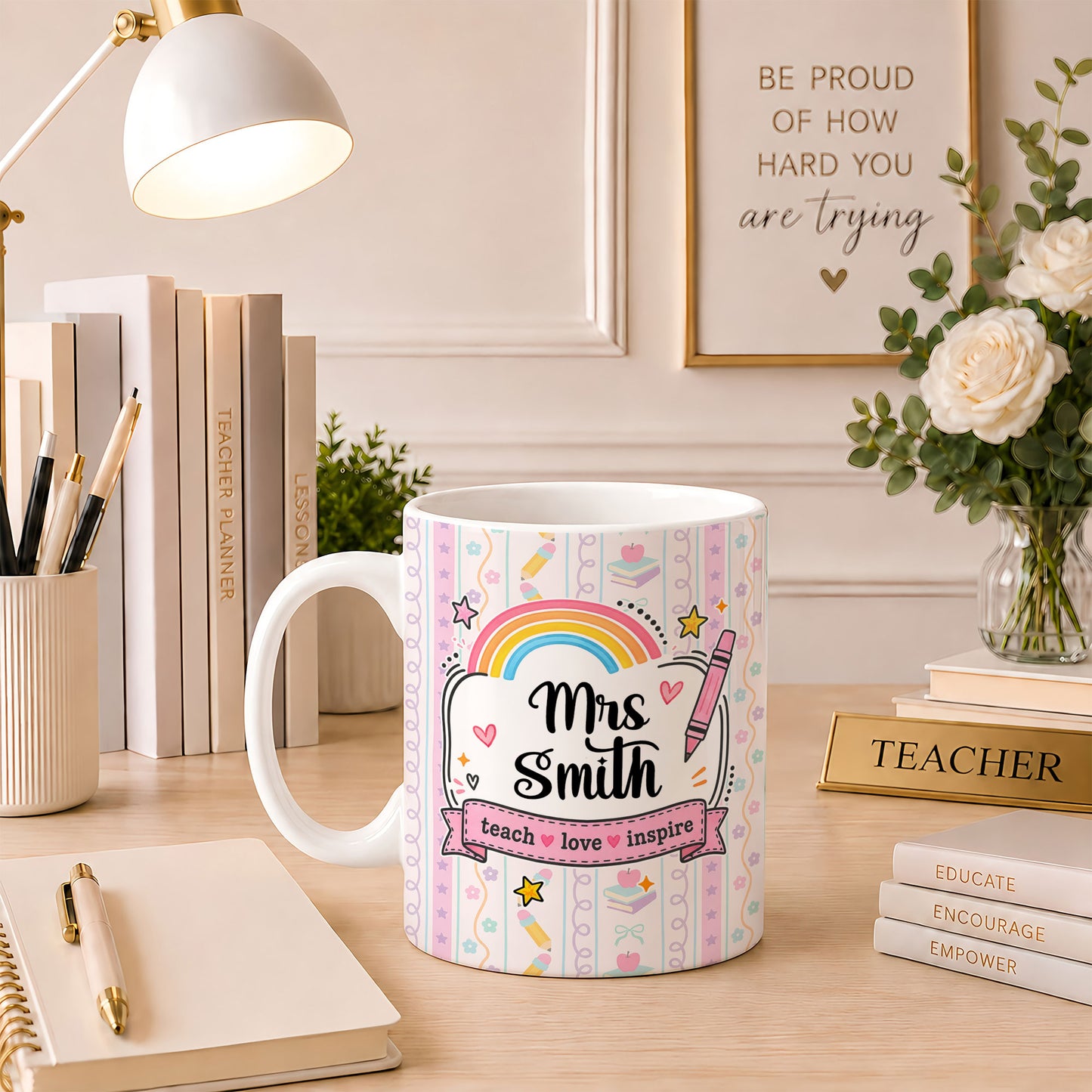 Personalized Teach Love Inspire Teacher Mug with Custom Name, Teacher Appreciation Coffee Mug, Thank You Teacher Gift, Back to School Gift