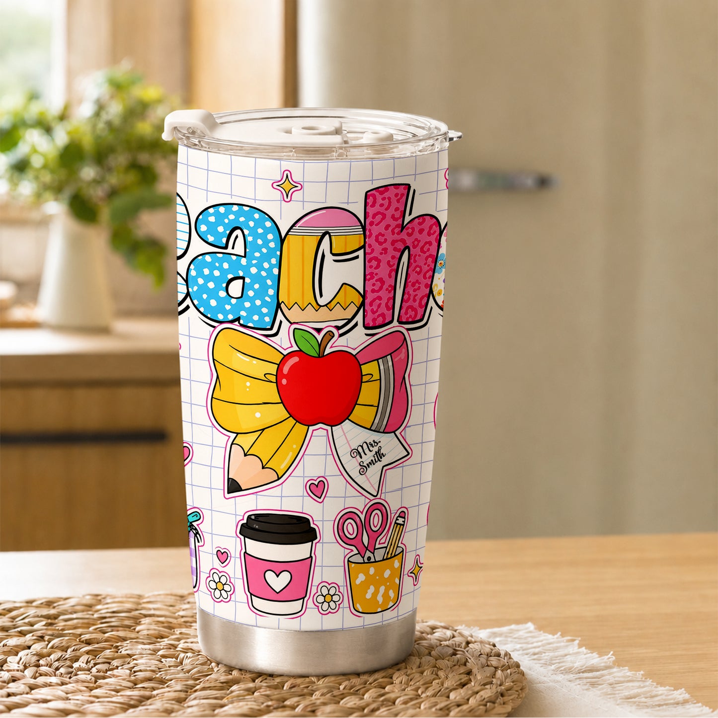 Personalized Teacher Tumbler with Custom Name, Cute Pencil Floral Travel Cup, Teacher Appreciation Gift, Back to School Teacher Gift