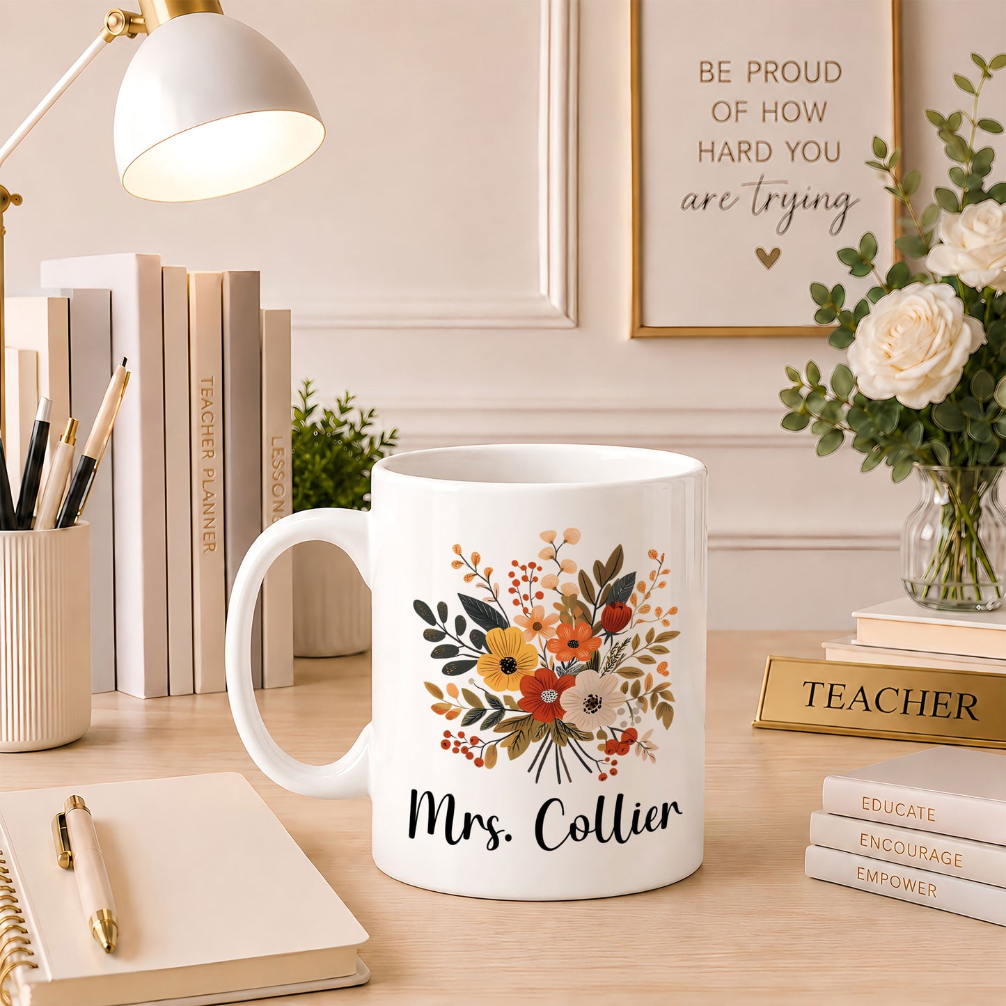 Vintage Floral Teacher Mug - Teach Love Inspire Motivate Educate - Custom Teacher Name Coffee Cup - Appreciation Gift for Teachers