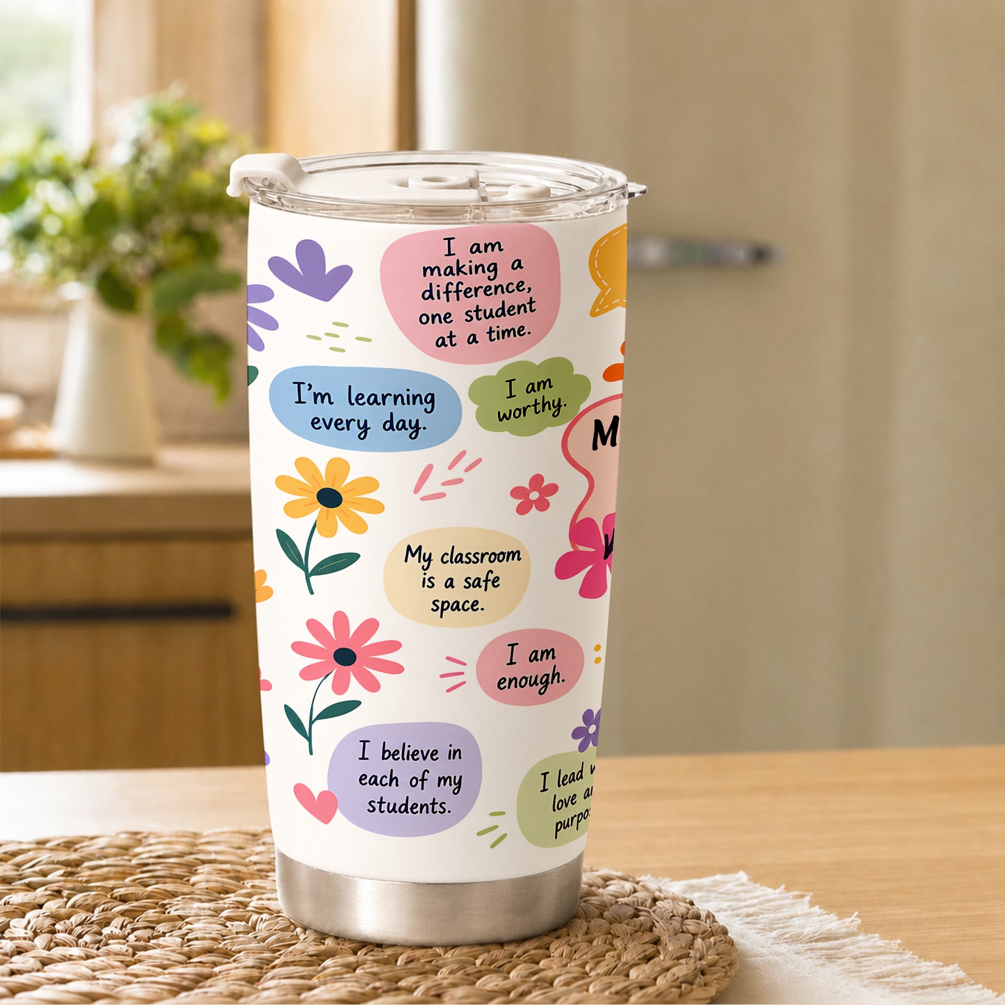Floral Teacher Self Love Tumbler - Personalized Teacher To Go Cup - Motivational Gift For Teachers
