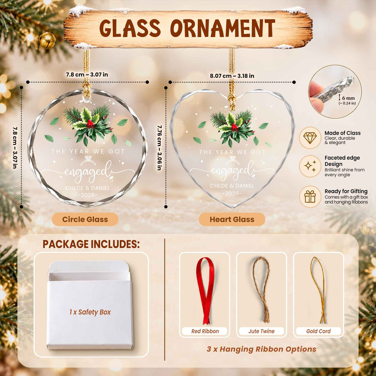 Personalized Gift Engagement Glass Ornament, Custom Couple Names Christmas, Engaged 2026 Christmas Gift For Couple