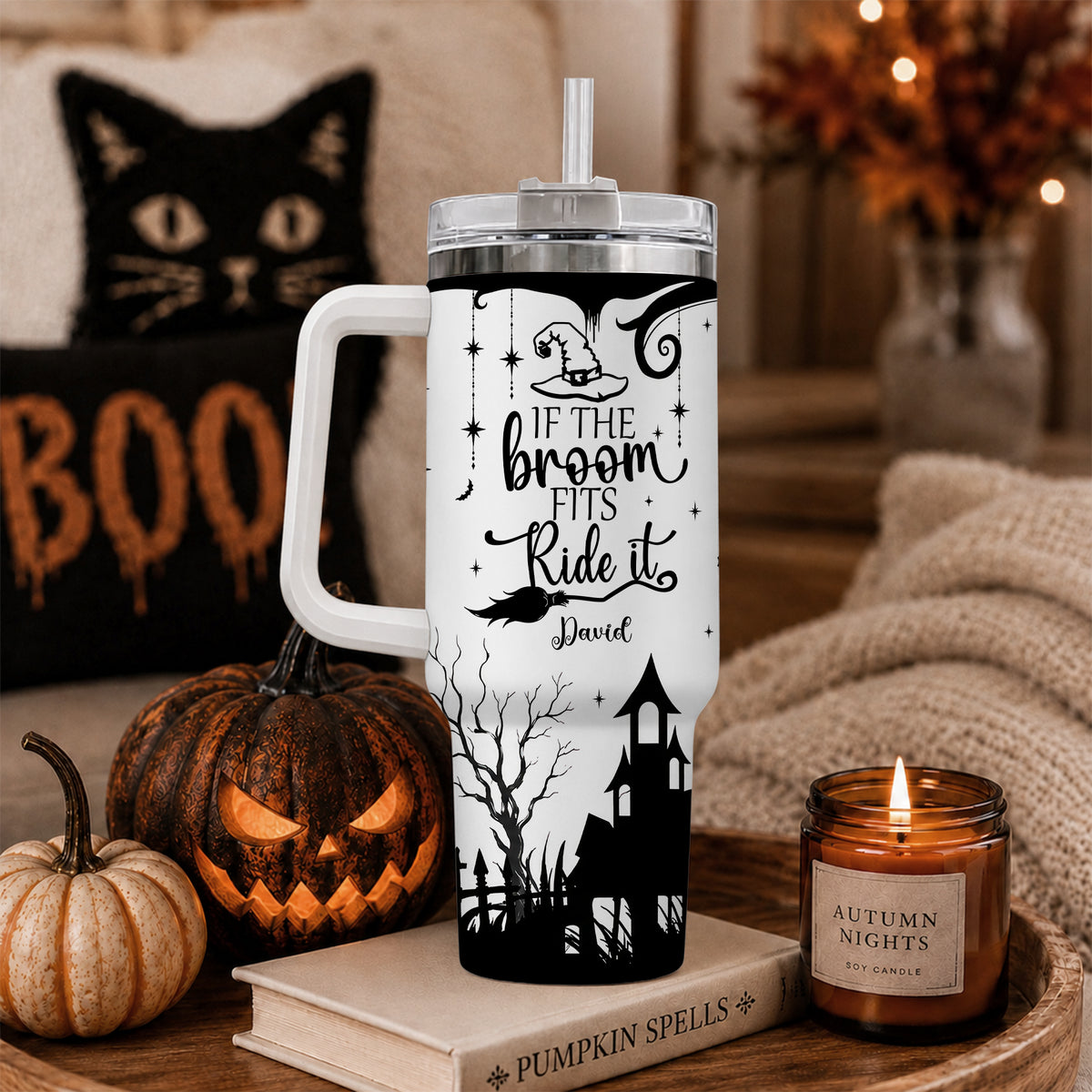 Personalized Halloween Tumbler 40oz  with Custom Name, Witch Broom Halloween Gift For Family, Friend