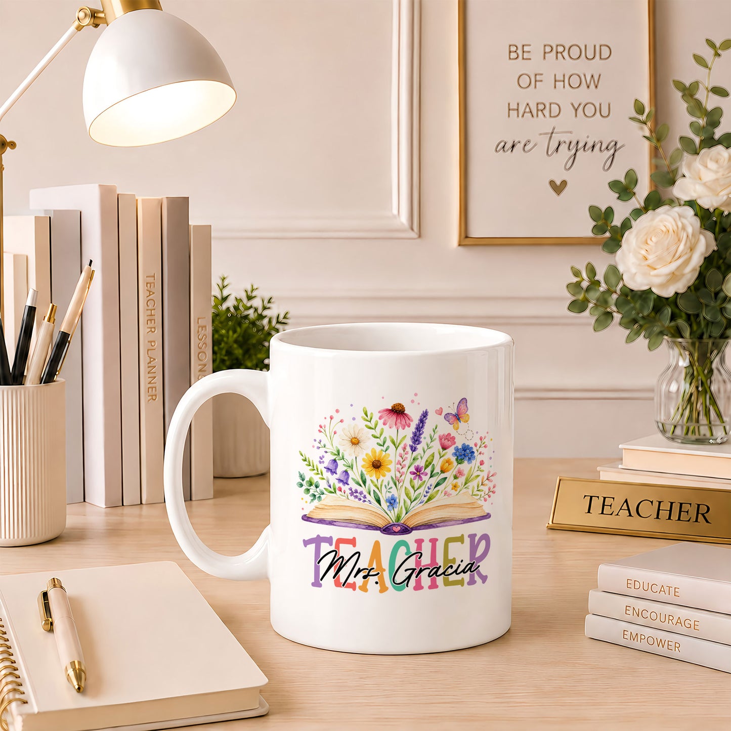 Floral Teacher Mug - Custom Teacher Name Ceramic Cup, Teacher Appreciation Gift
