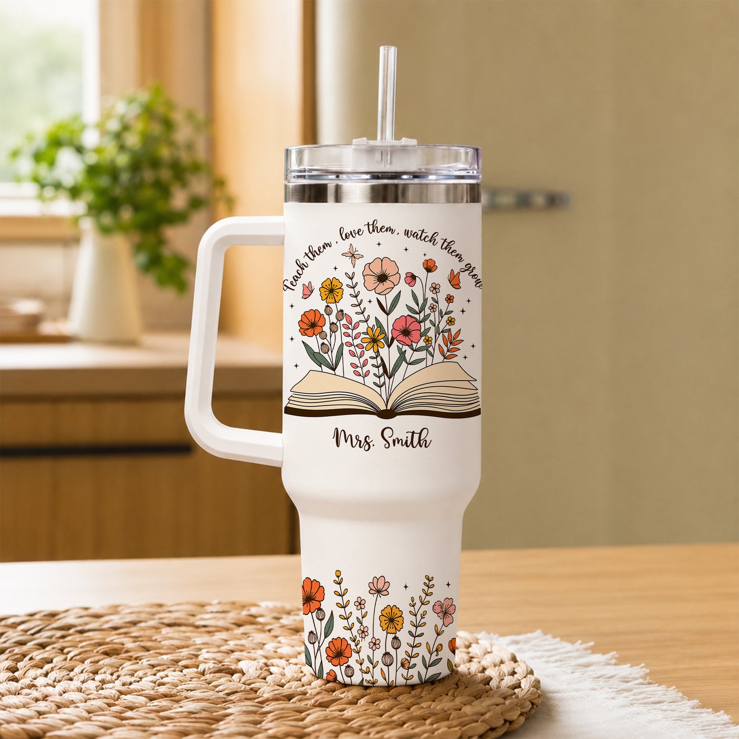 Personalized 40oz Teacher Tumbler with Handle & Straw – Custom Floral Teacher Gift for Back to School, First Day of School & Teacher Appreciation