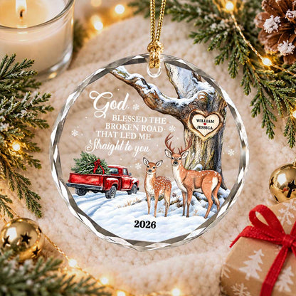 Personalized Couple Glass Ornament - God Blessed the Broken Road Deer Couple - Christmas Gift for Couples 2026
