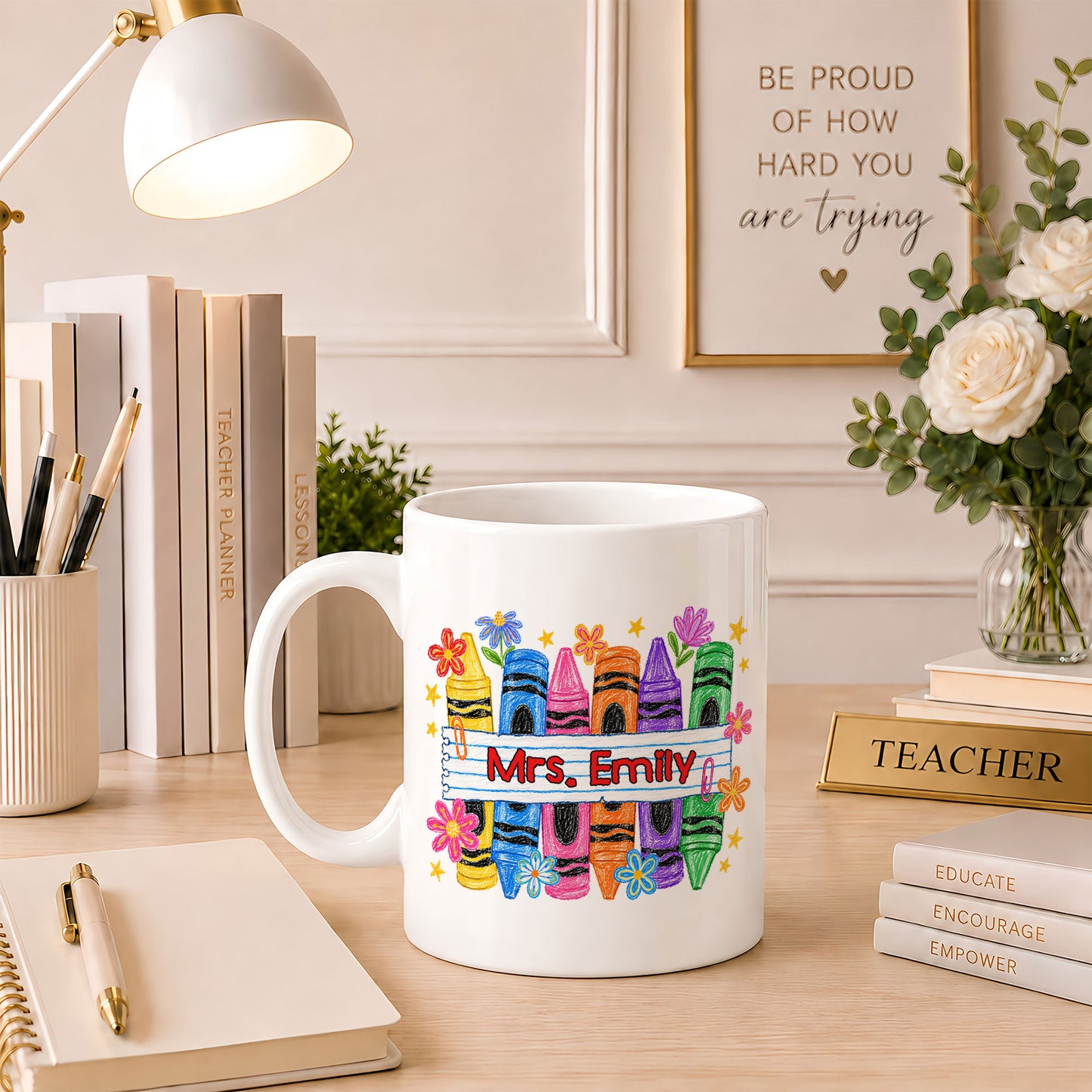 Colorful Crayon Teacher Mug - Teach Them Love Them Watch Them Grow - Custom Classroom & Name Teacher Gift