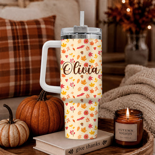 Personalized Thanksgiving Tumbler with Handle - Custom Name 40oz Travel Tumbler - Gift for Friends, Coworkers