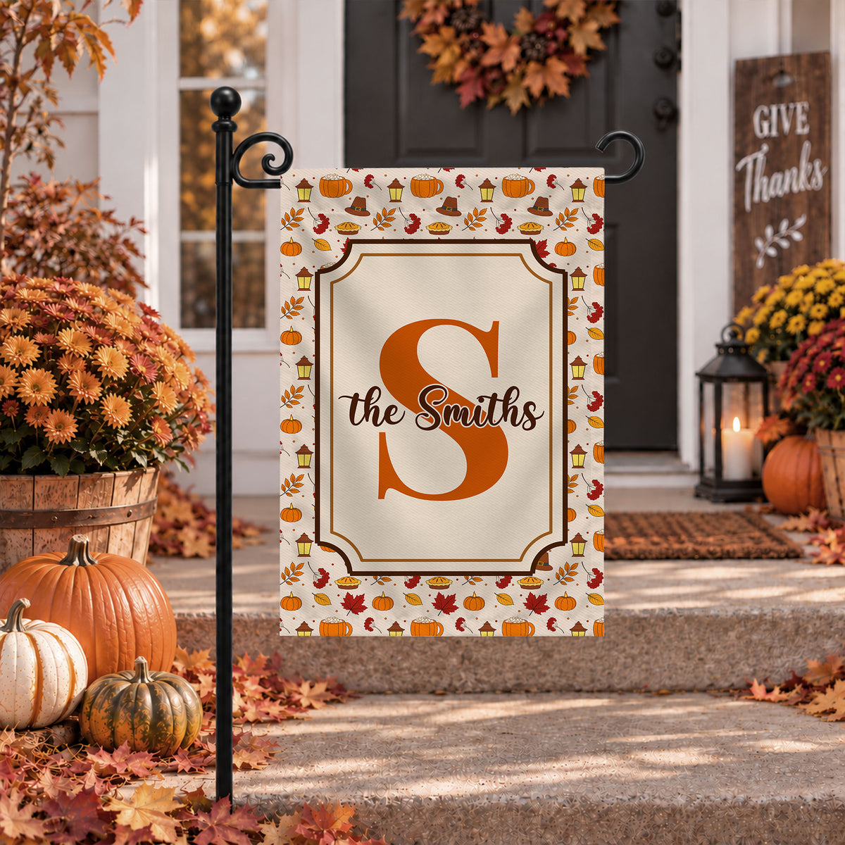Personalized Thanksgiving Garden Flag - Custom Family Name Monogram Fall Yard Decor - Pumpkin Harvest Outdoor Flag - Autumn Home Decor