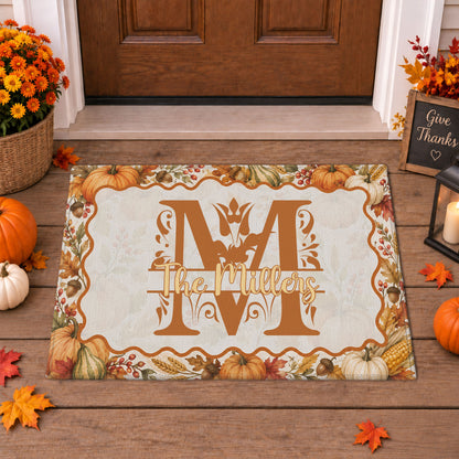 Personalized Thanksgiving Doormat - Custom Family Name Monogram Door Mat - Fall Harvest Pumpkin Home Decor