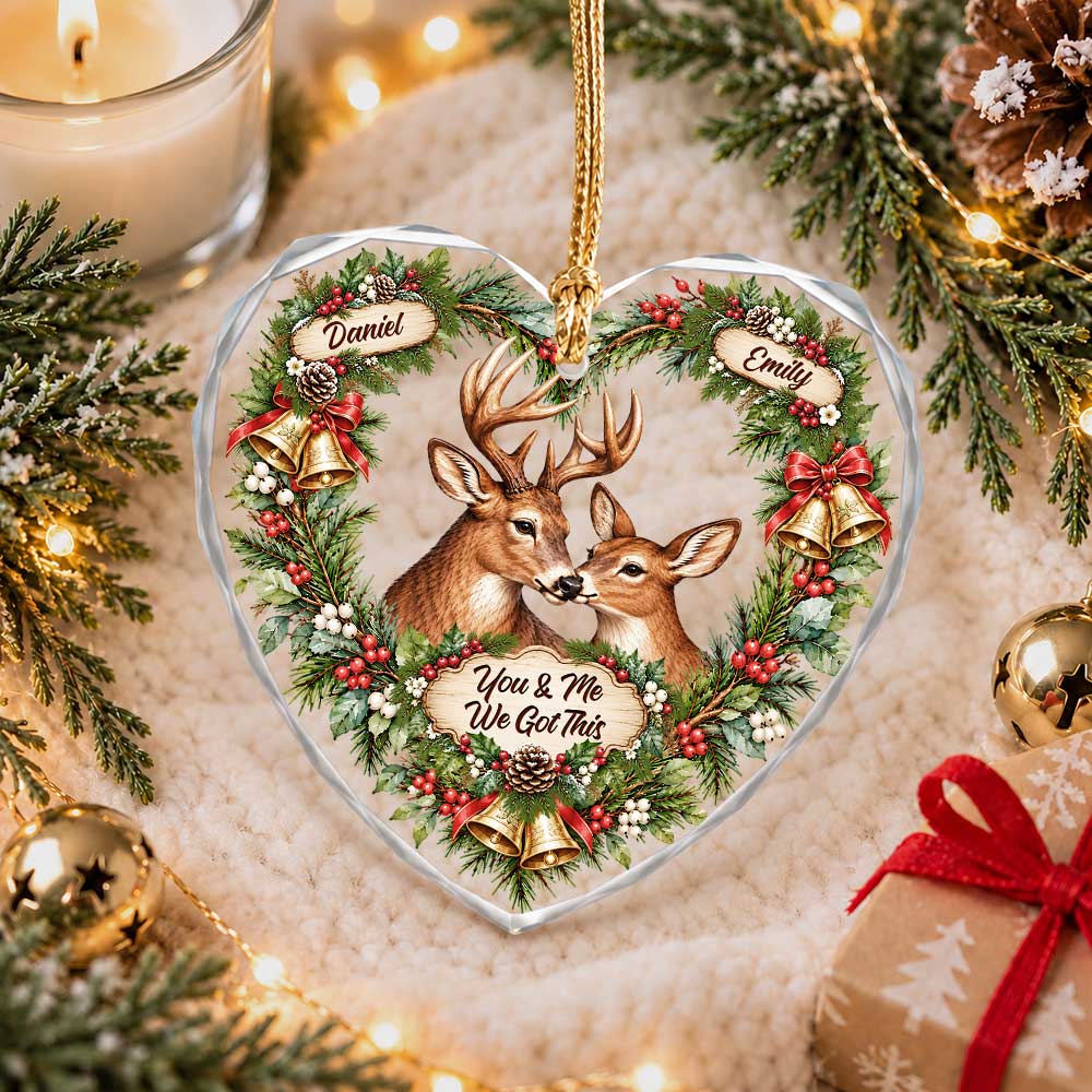 Personalized Glass Ornament - Custom Buck and Doe Christmas Heart Ornament - Romantic Gift for Couples