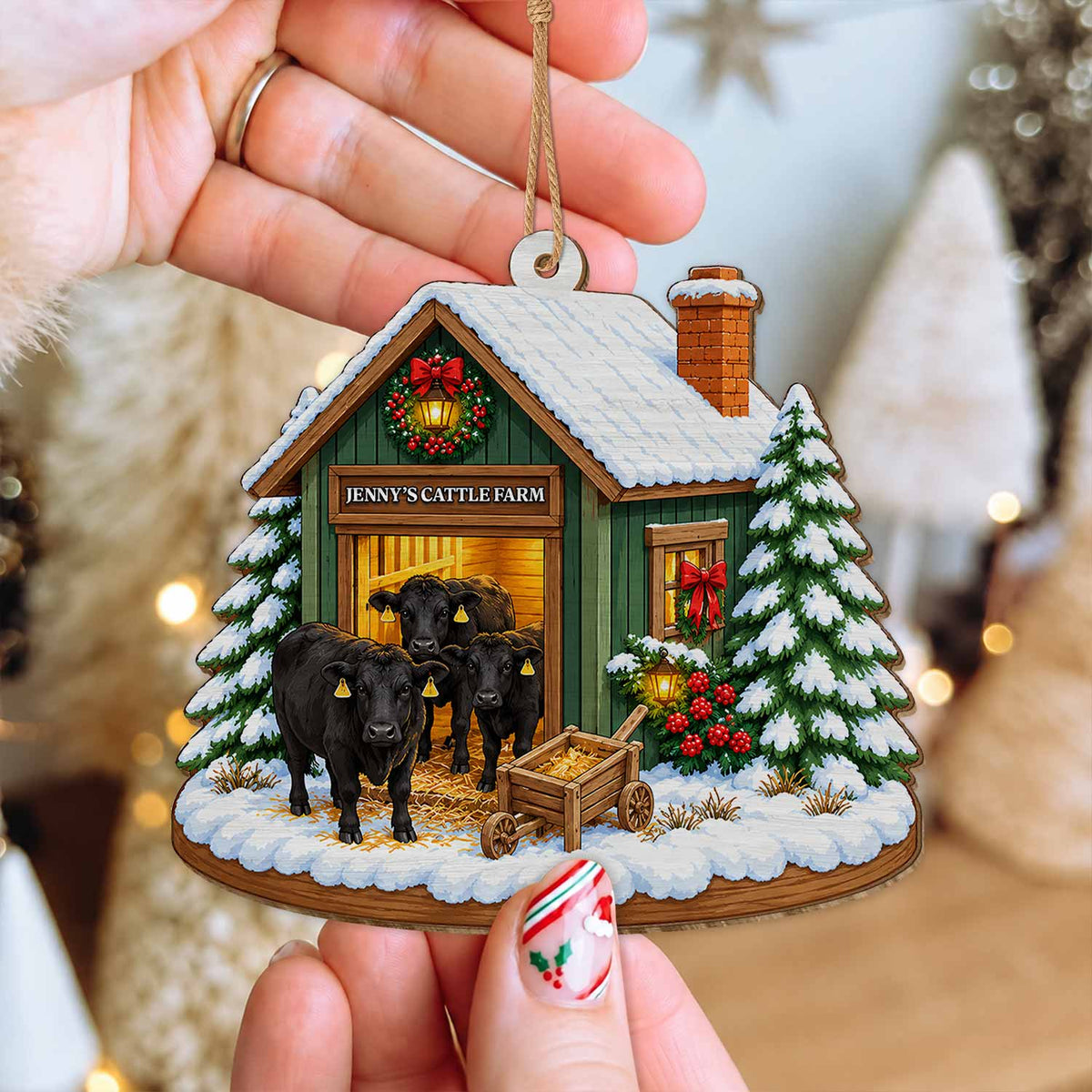 Personalized Custom Shape Wood Ornament - Custom Kid Name Cattle Farm Ornament - Farmhouse Holiday Keepsake