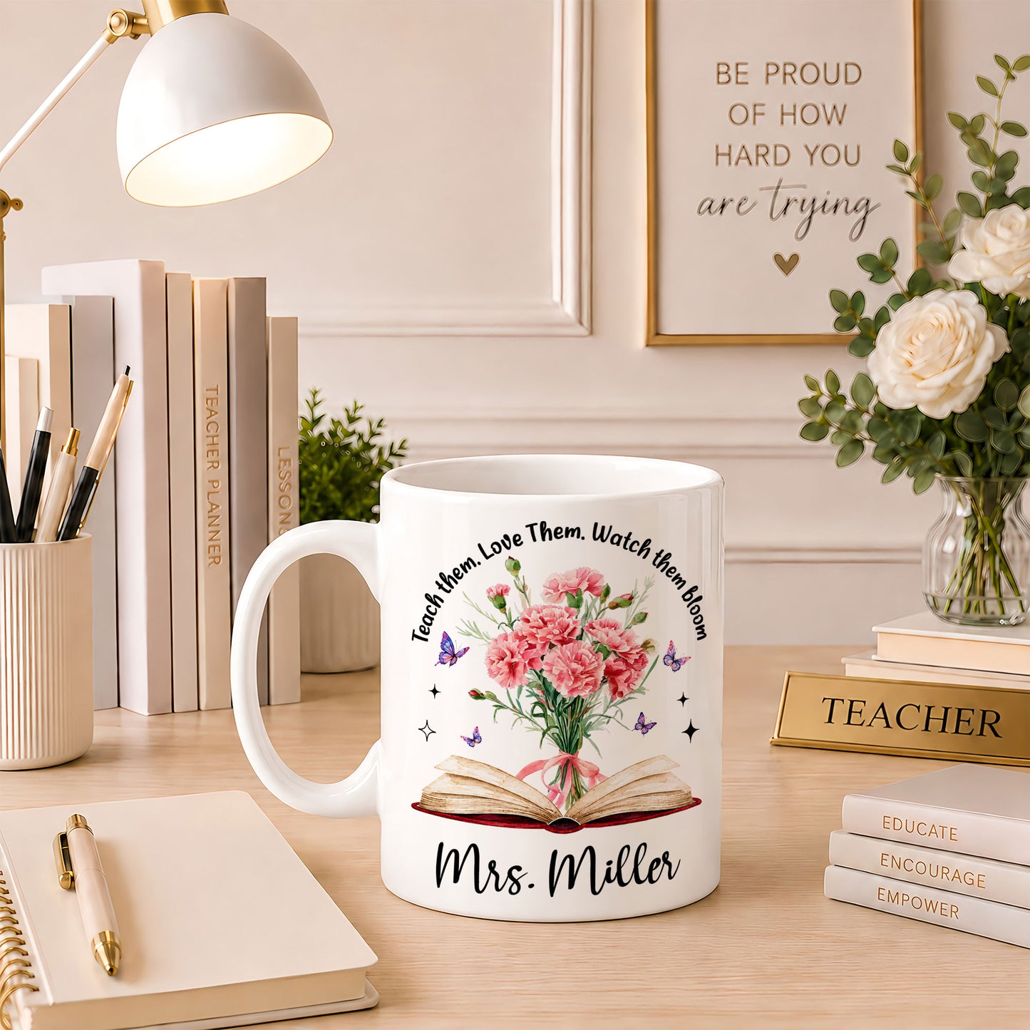 Vintage Birth Month Flower Teacher Mug - Teach Them Love Them Watch Them Bloom - Custom Teacher Name Coffee Cup - Appreciation Gift for Teacher