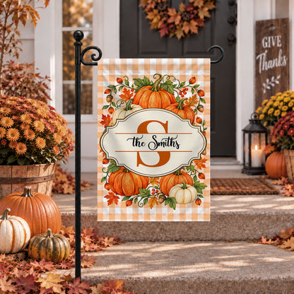Personalized Thanksgiving Garden Flag - Custom Family Name Monogram Flag - Fall Pumpkin Yard Decor