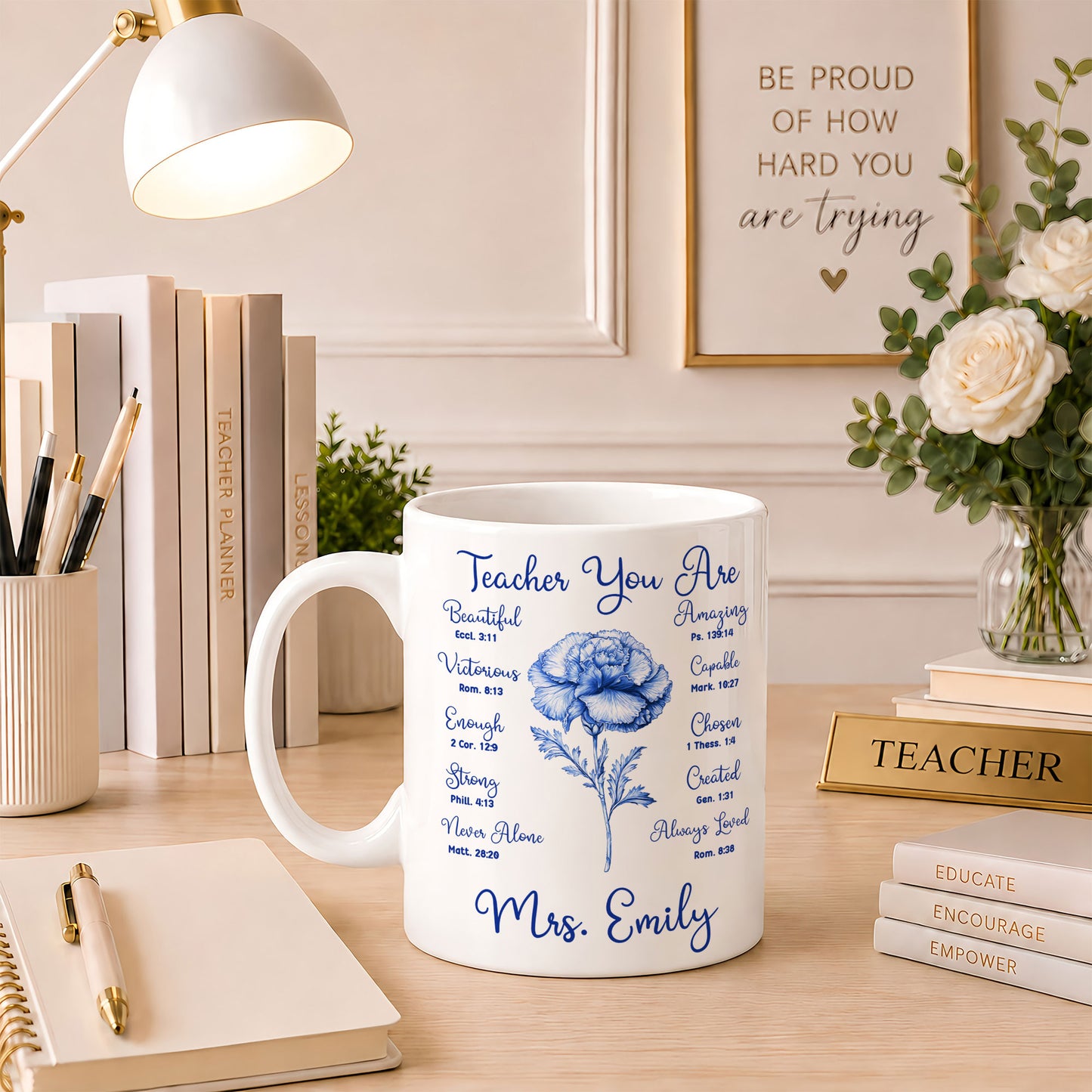 Birth Month Flower Bible Teacher Mug - Teacher You Are Amazing - Custom Teacher Name Coffee Cup - Back To School Gift for Teachers