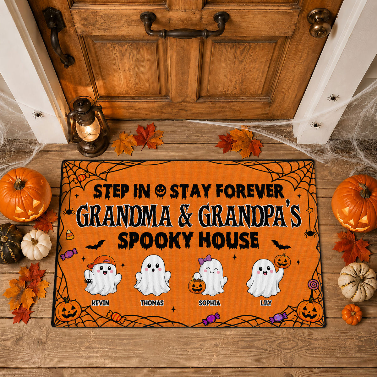 Personalized Halloween Doormat - Grandma & Grandpa Spooky House Mat - Custom Family Name Door Mat, Halloween Home Decor