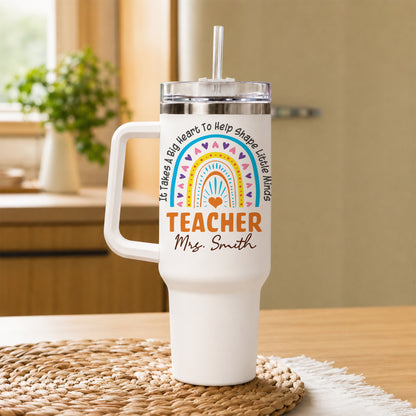 Personalized Teacher Tumbler with Handle - Custom Teacher Name Gift - Rainbow School Travel Cup with Straw - Appreciation Gift for Teachers