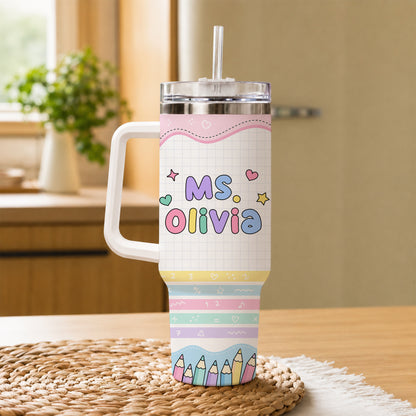 Teach Love Inspire Pastel Teacher Tumbler with Handle – Custom Teacher Name Travel Cup - Back To School Gift for Teachers