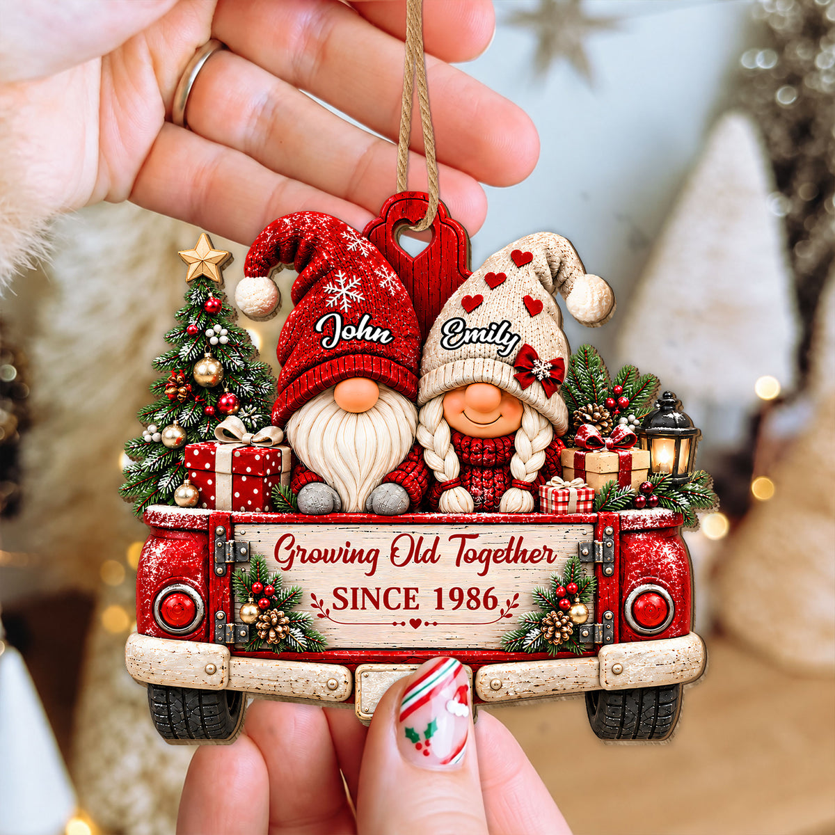 Personalized Custom Shape Wooden Ornament - Gnome Couple Growing Old Together - Christmas Gift for Couples