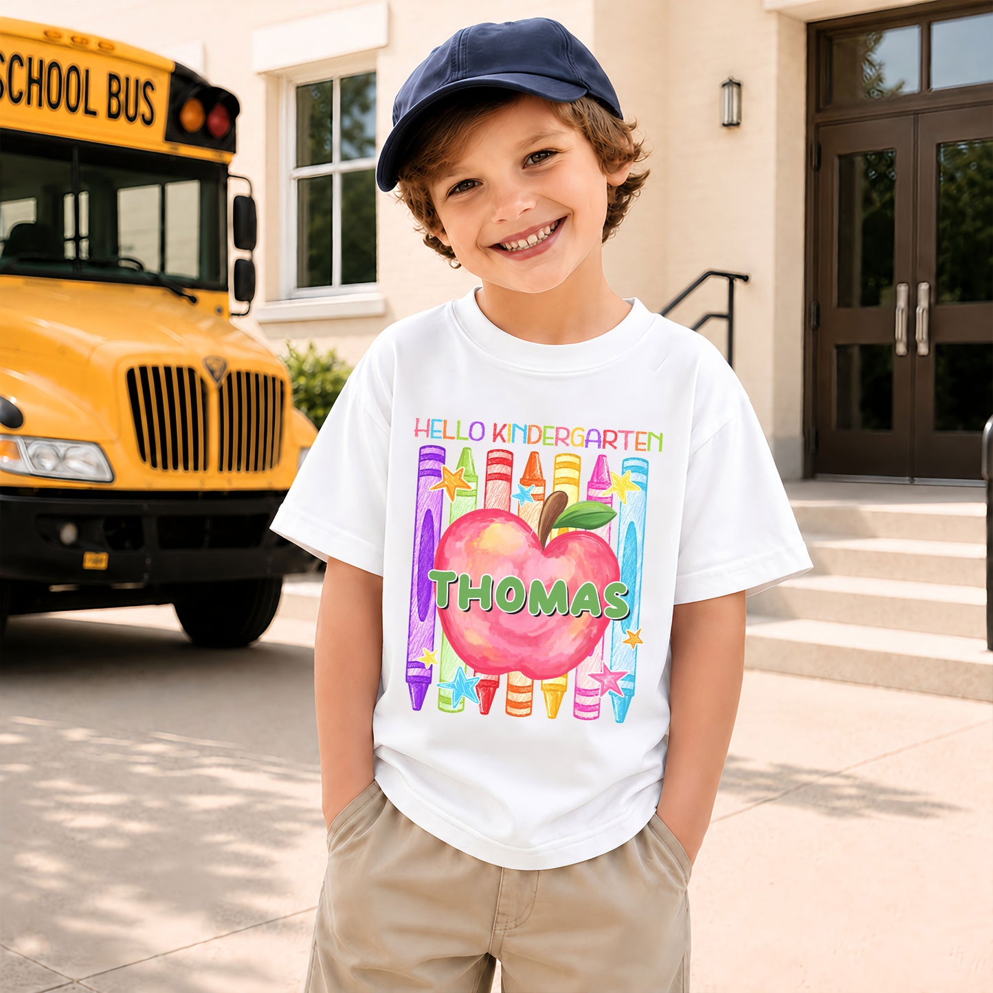 Colorful Apple Crayon Shirt - Custom Name & Grade Kids T-Shirt - First Day of School Outfit for Boys & Girls