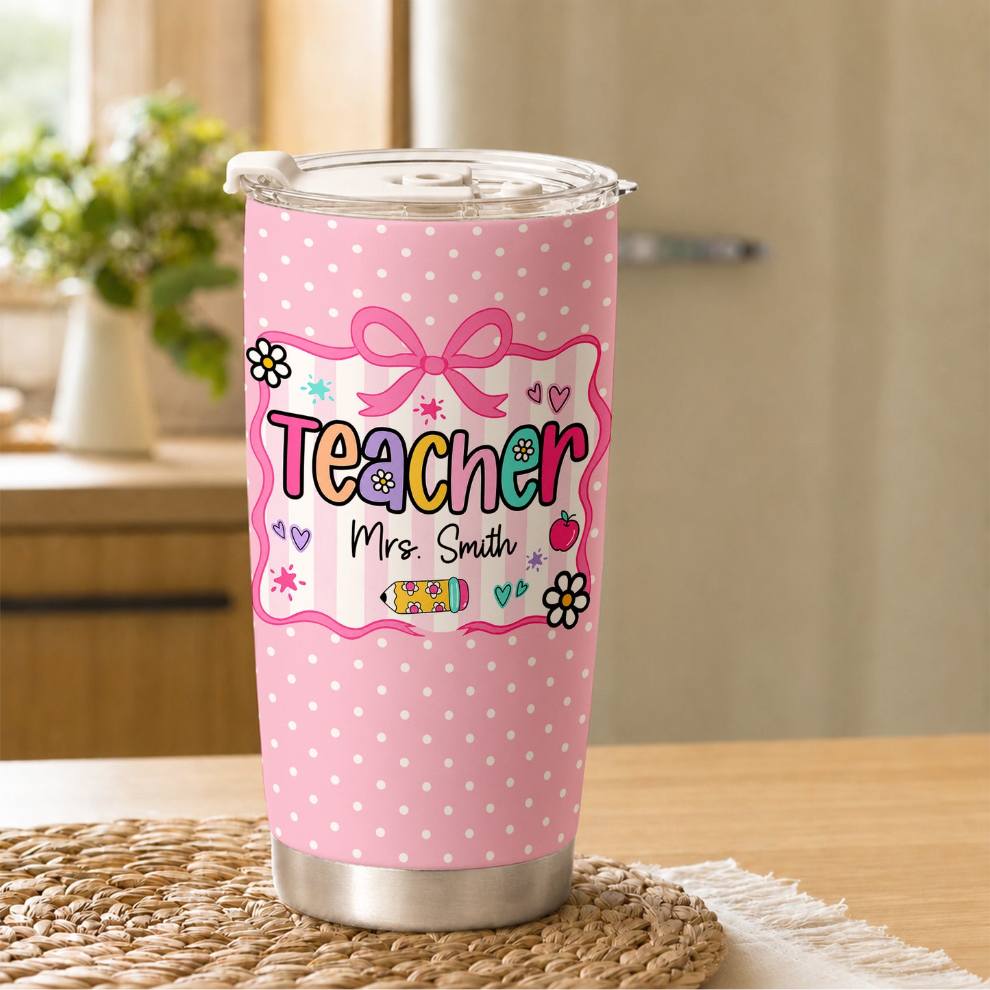 Personalized Teacher Tumbler with Custom Name, Cute Pencil Floral Travel Cup, Teacher Appreciation Gift, Back to School Teacher Gift